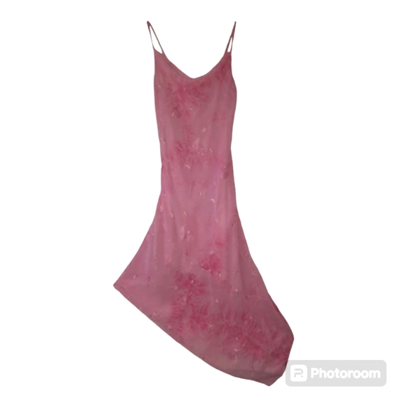 Pink Asymmetric Hem Lined Spagetti Straps Evening Dress Embroidered Fans Sz S - Picture 5 of 7